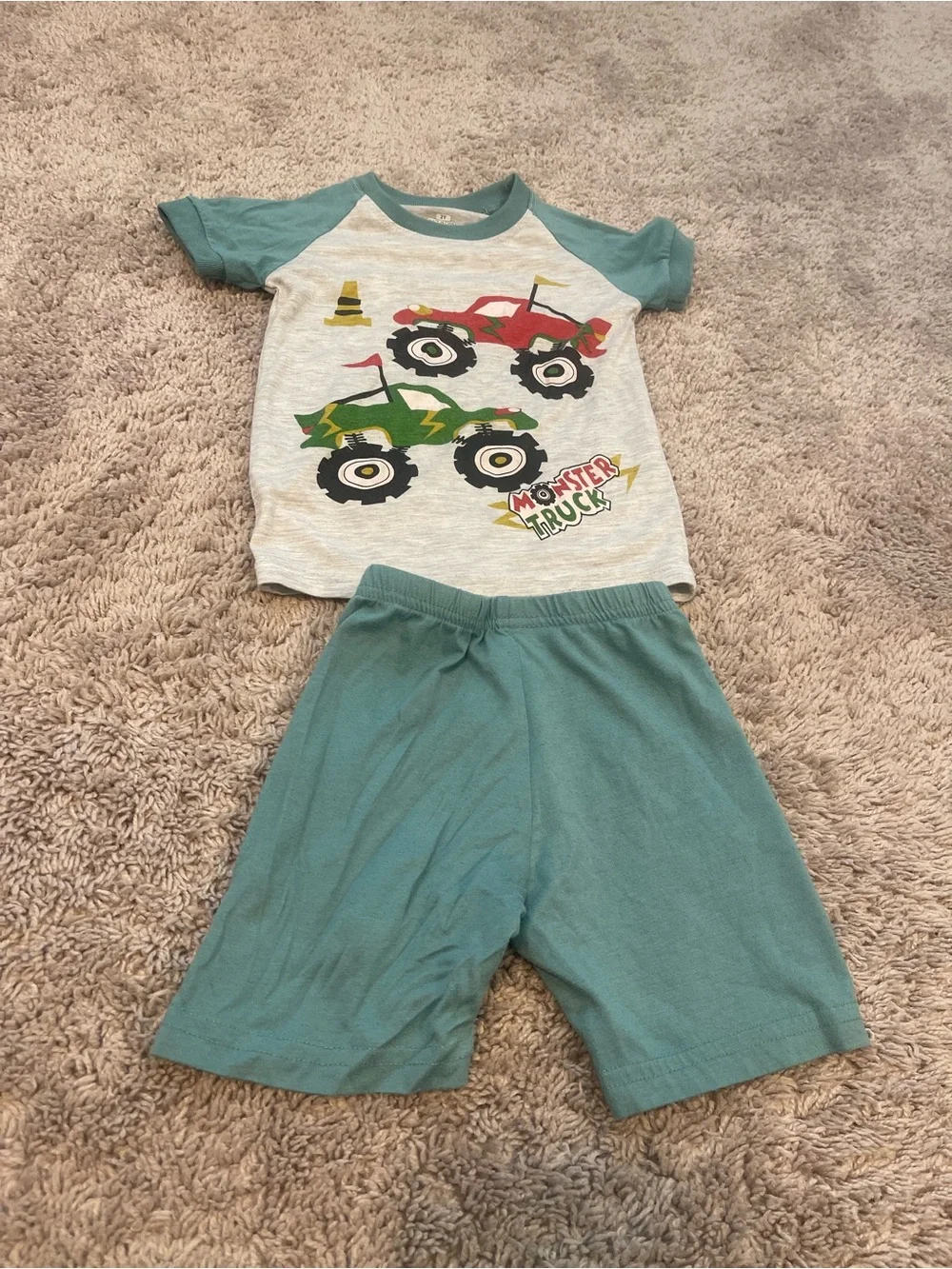 Kids Monster Truck Short Pajama Set - Teal & White